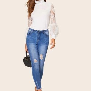 Tops - White Lace Puff sleeve High Neck Top - Woman’s Tops - White Lace Puff sleeve High Neck Top - Woman’s